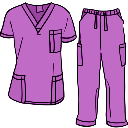 A light purple short-sleeved scrub top and pair of scrub pants.